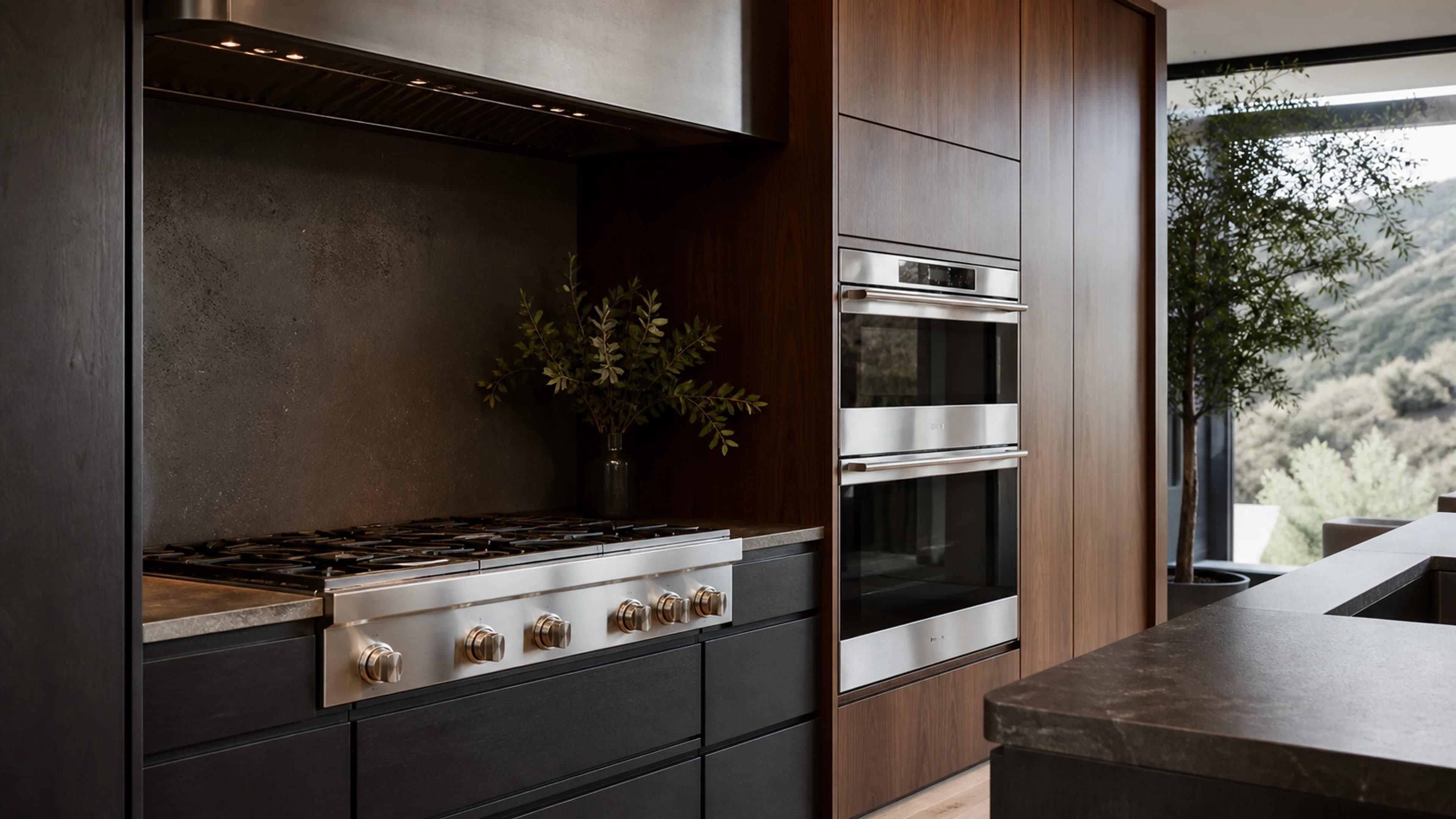 Kitchen with installed cooking appliances